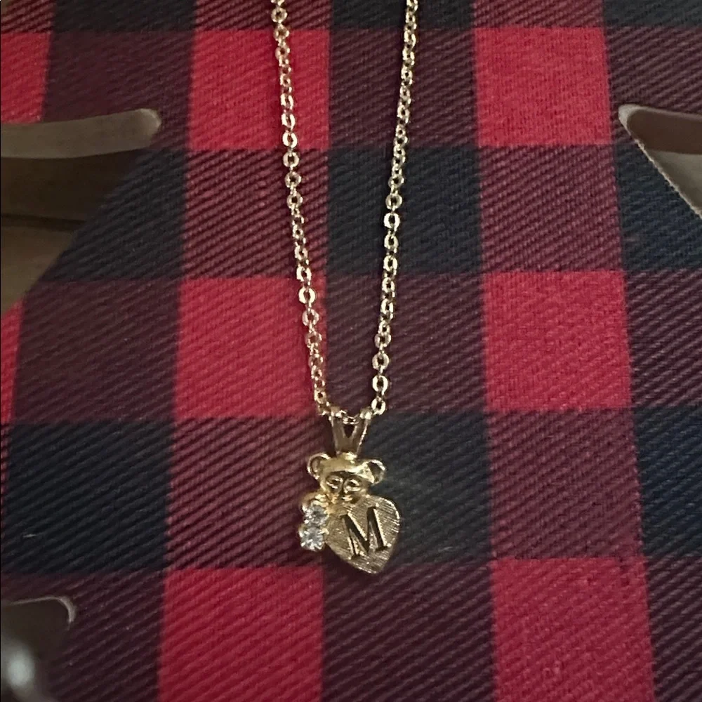 Teddy Bear Initial M Gold Tone Necklace with Adjustable Teddy Bear Ring